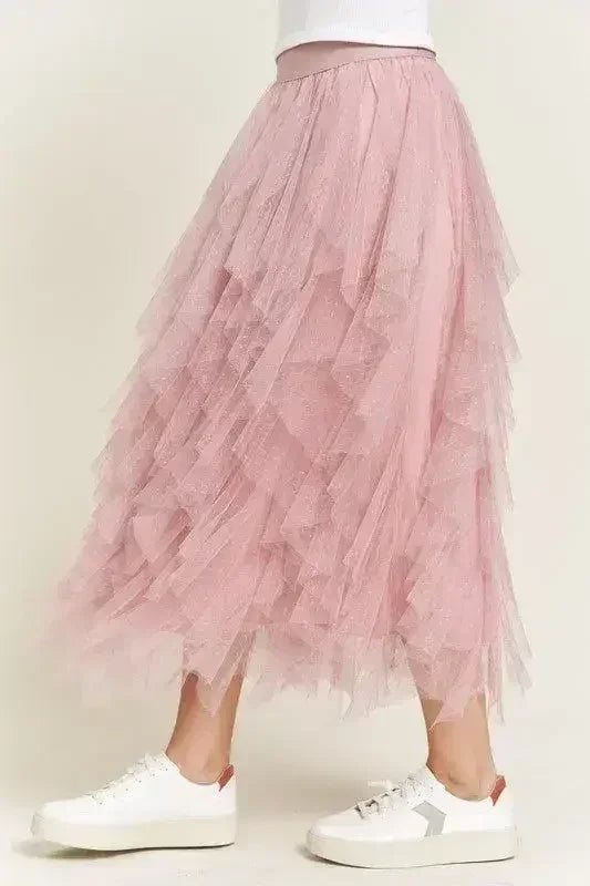 LAYERED POLKA DOT MESH LINED A-LINE MIDI SKIRT - Femstylo