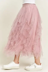 LAYERED POLKA DOT MESH LINED A-LINE MIDI SKIRT - Femstylo