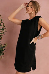 Black Textured Cap Sleeve T Shirt Shift Mini Dress - Femstylo