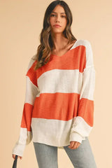 Orange Colorblock V Neck Side Slits Sweater - Femstylo