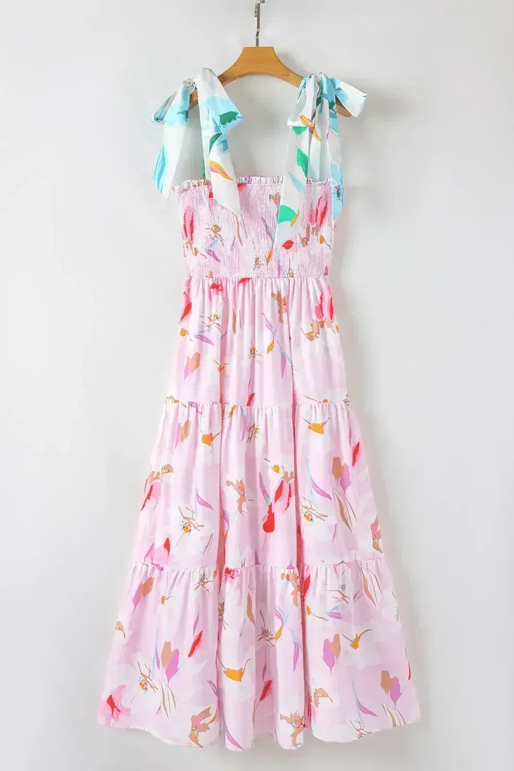 Pink Floral Print Knotted Shoulder Smocked Maxi Dress - Femstylo