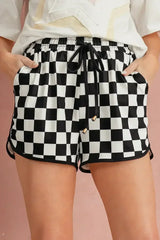 Black Checkered Drawstring Elastic Waist Casual Shorts - Femstylo