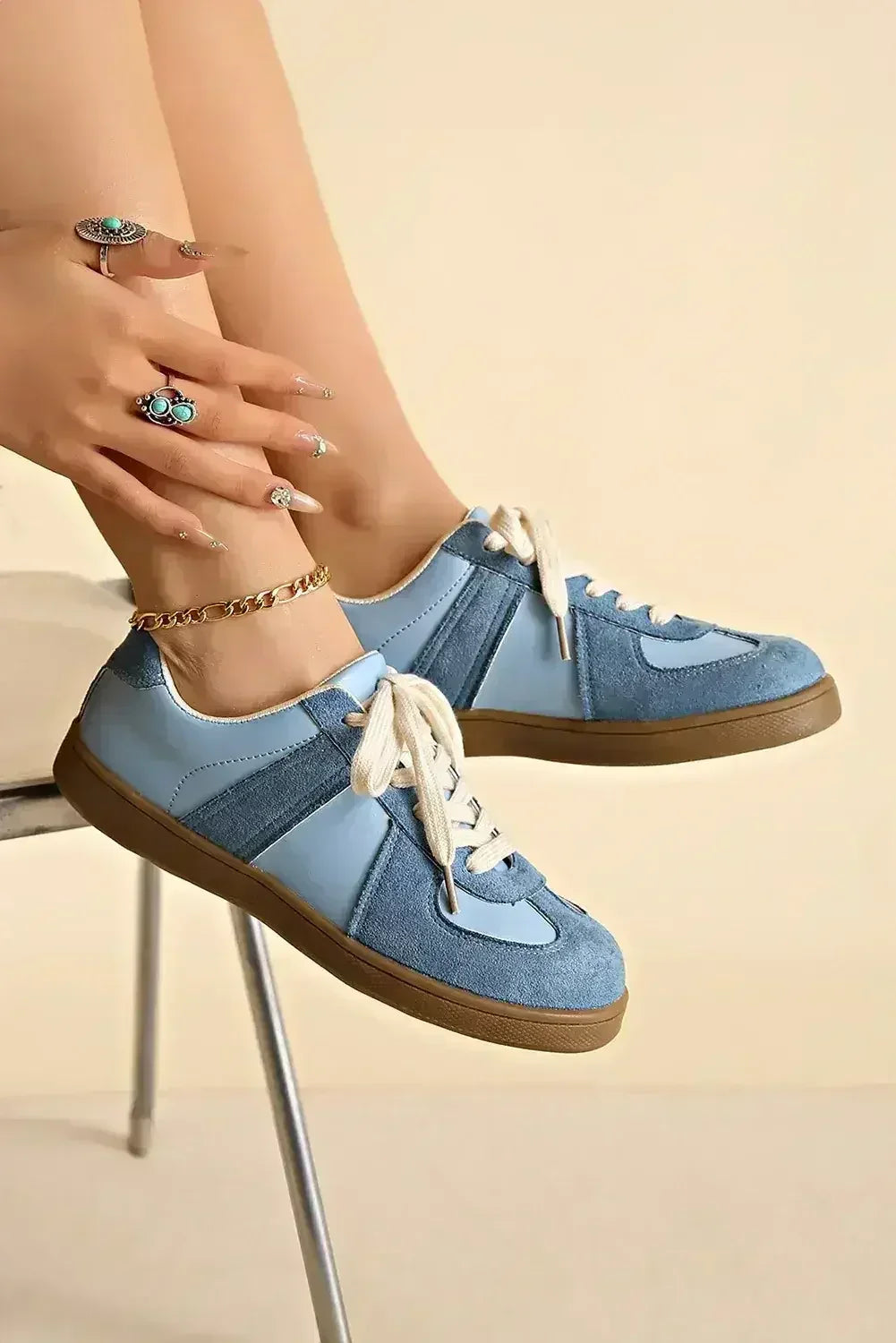 Dusk Blue Two Tone Suede Patched Lace Up Sneakers - Femstylo