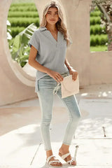 White Textured V Neck Collared Split Hem T Shirt - Femstylo