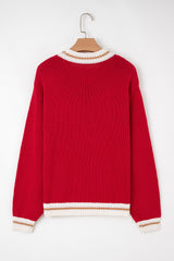 Fiery Red MERRY Pattern Colorblock Edge Drop Shoulder Cozy Sweater