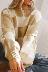 Khaki Checkered Bishop Sleeve Sweater - Femstylo