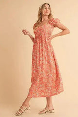 Aemi + Co Cutout Back Floral Square Neck Puff Sleeve Midi Dress - Femstylo