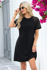 Navy Blue Contrast Lace Raglan Sleeve Pleated Mini Dress - Femstylo