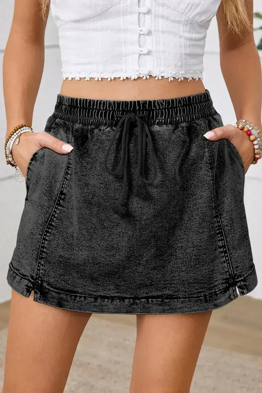 Dusk Blue Drawstring High Waist Pocketed Denim Shorts - Femstylo