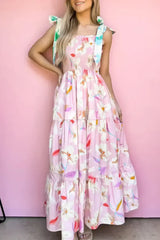 Pink Floral Print Knotted Shoulder Smocked Maxi Dress - Femstylo