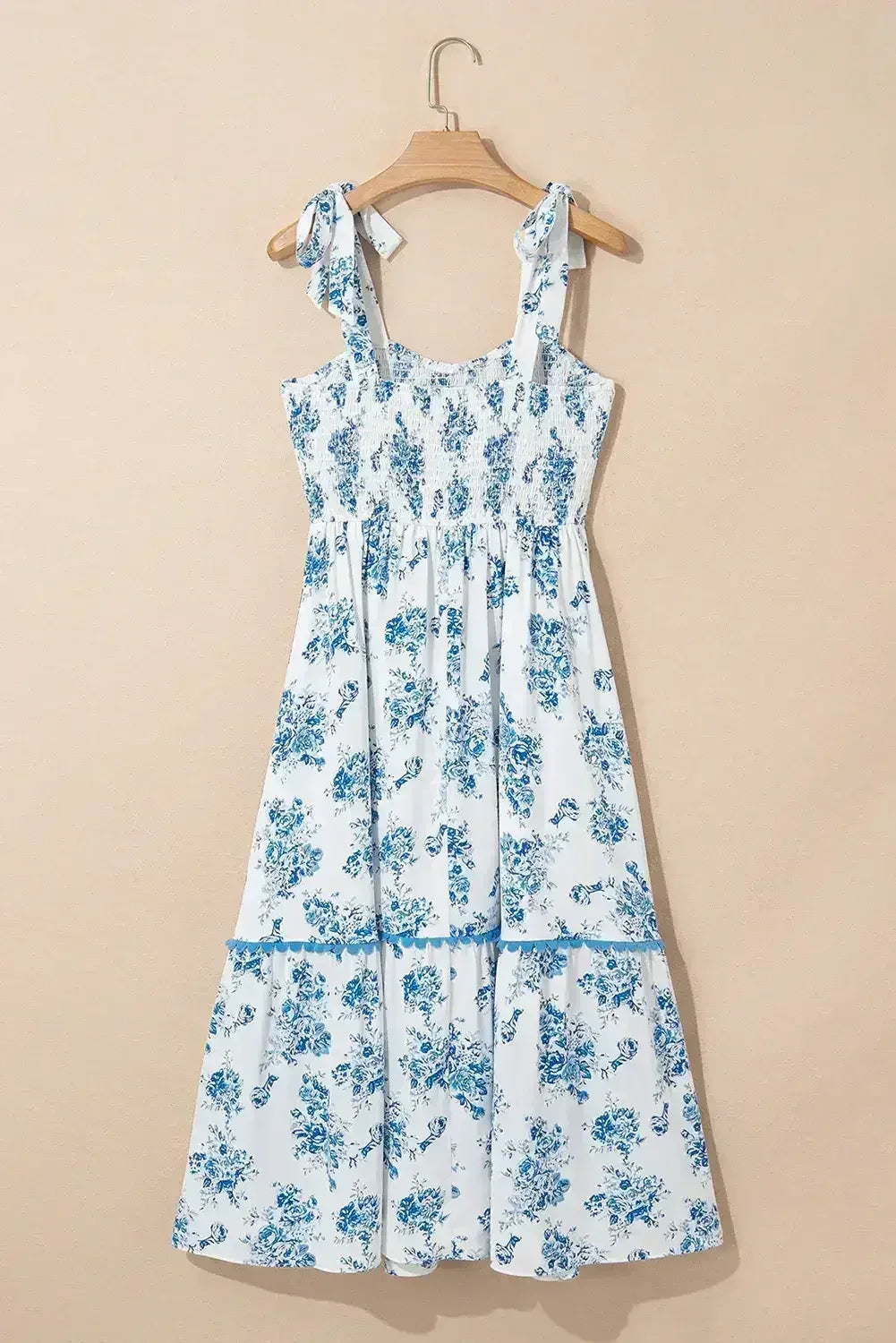 Sky Blue Floral Print Smocked Knot Shoulder Sleeveless Midi Dress - Femstylo