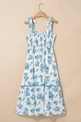Sky Blue Floral Print Smocked Knot Shoulder Sleeveless Midi Dress - Femstylo
