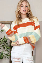 White Striped Color Block Drop Shoulder Knit Sweater - Femstylo