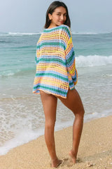 Purple Striped Hollow Knit Summer Beach Cover Up - Femstylo