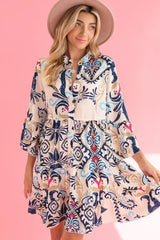 White Ethnic Print Boho Button Tiered Mini Dress