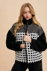 Annie Wear Plaid Zip Up Drop Shoulder Sherpa Jacket - Femstylo