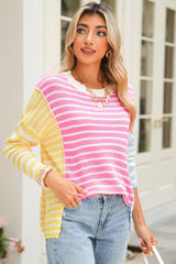 Multicolour Colorblock Striped Patchwork Dolman Sleeve Slit Sweater