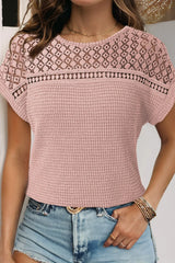 Mist Green Hollow Patchwork Waffle Knit Top