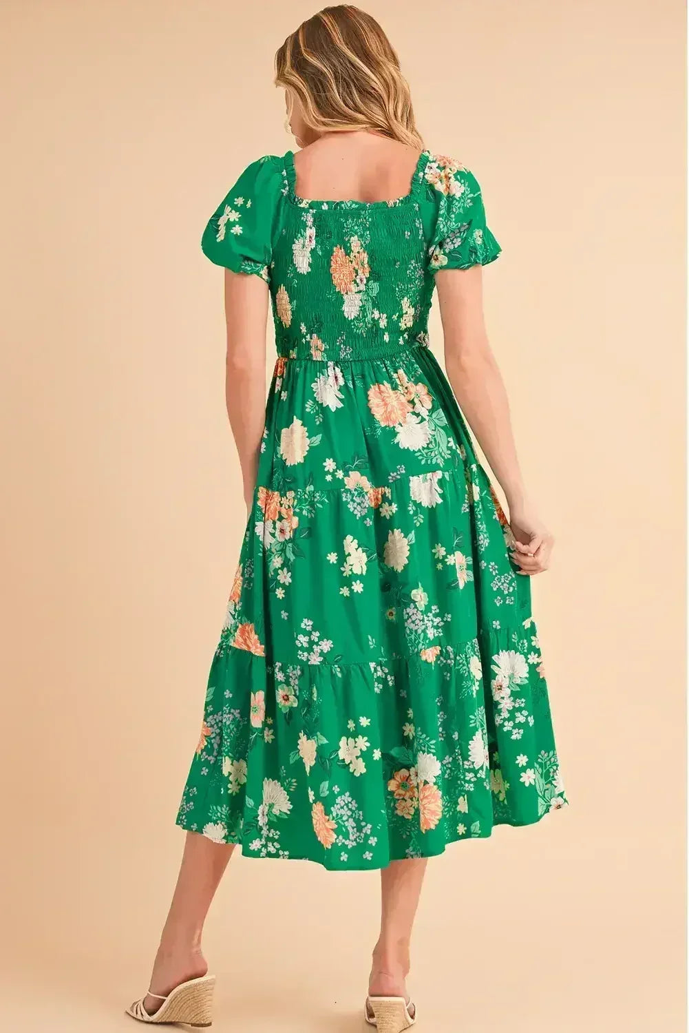 Green Floral Print Bubble Sleeve Smocked Tiered Midi Dress - Femstylo