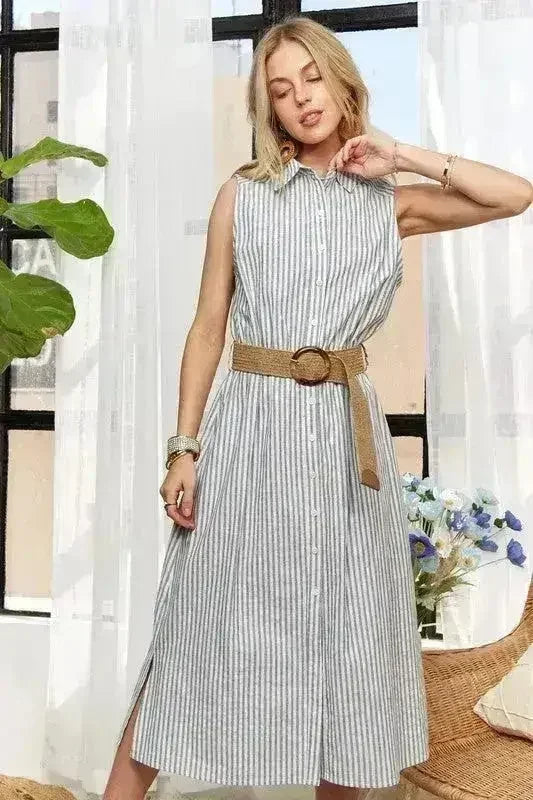 ADORA Striped Button Down Dress – Cotton Midi Sleeveless - Femstylo