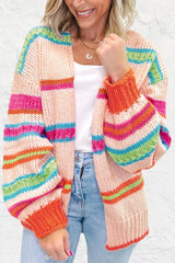 Multicolour Open Front Striped Colorblock Knit Oversize Cardigan
