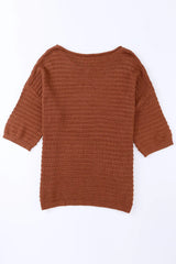 Brown Solid Color Rib-Knit Drop Sleeve Side Slits Top