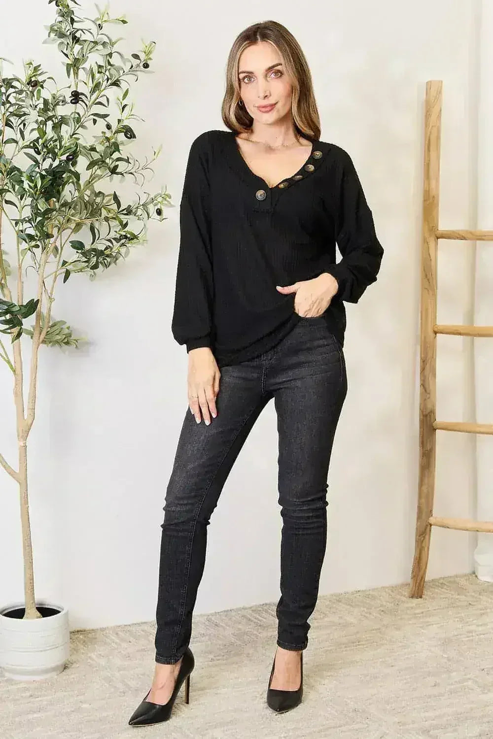 Buttoned Long Sleeve Blouse - Classic Modern Top | Femstylo - Femstylo