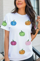 White Sequin Pumpkin Patched Cotton Blend T Shirt