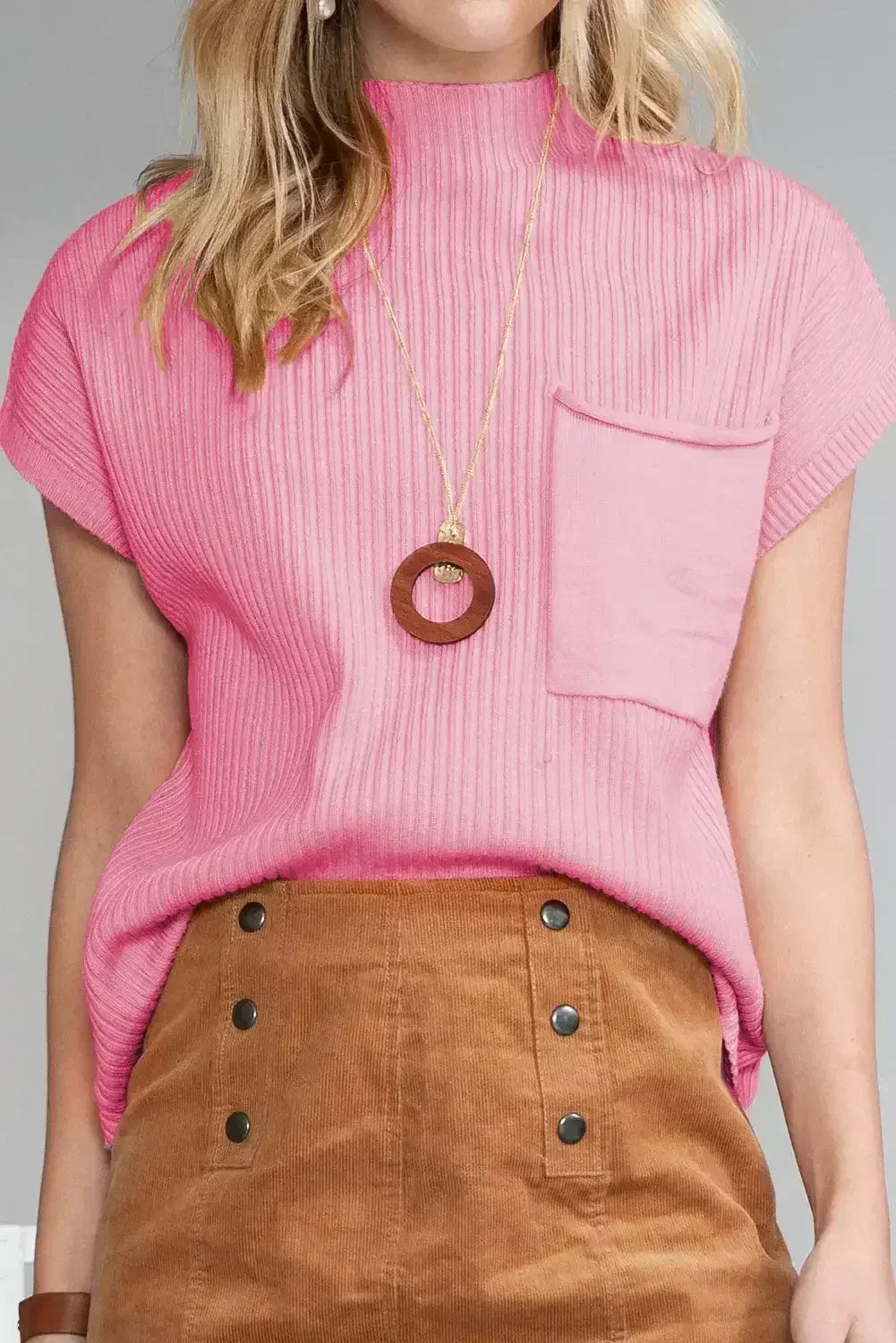 Mineral Red Patch Pocket Ribbed Knit Short Sleeve Sweater - Femstylo