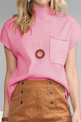 Mineral Red Patch Pocket Ribbed Knit Short Sleeve Sweater - Femstylo