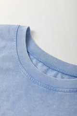 Sky Blue Mineral Wash Flower Patchwork Mini T Shirt Dress - Femstylo