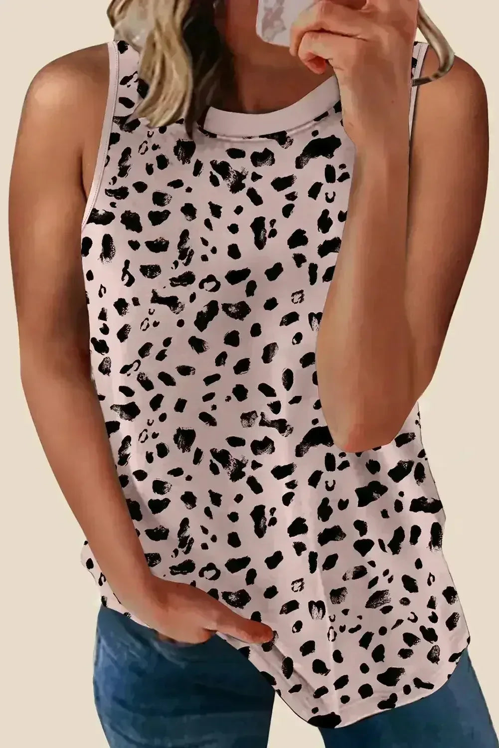 Apricot Allover Leopard Print Round Neck Tank Top - Femstylo
