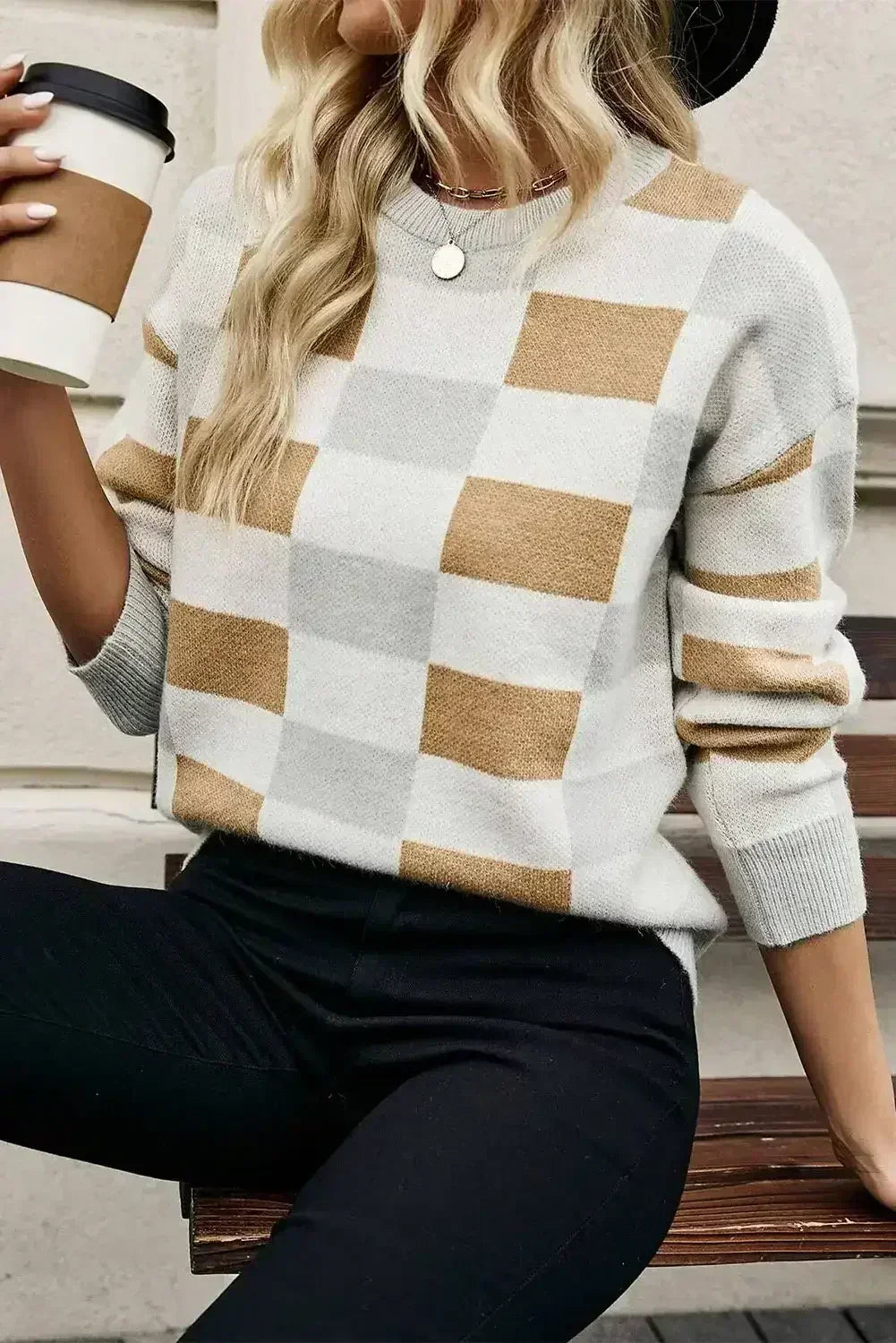 Khaki Checkered Crew Neck Drop Shoulder Knit Sweater - Femstylo