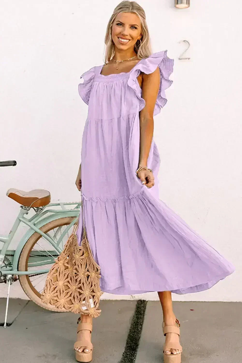 Purple Ruffled Flutter Sleeve Square Neck Textured Tiered Maxi Dress - Femstylo