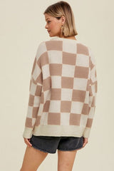 Parchment Checkered Pattern Ribbed Trim Knit Baggy Sweater