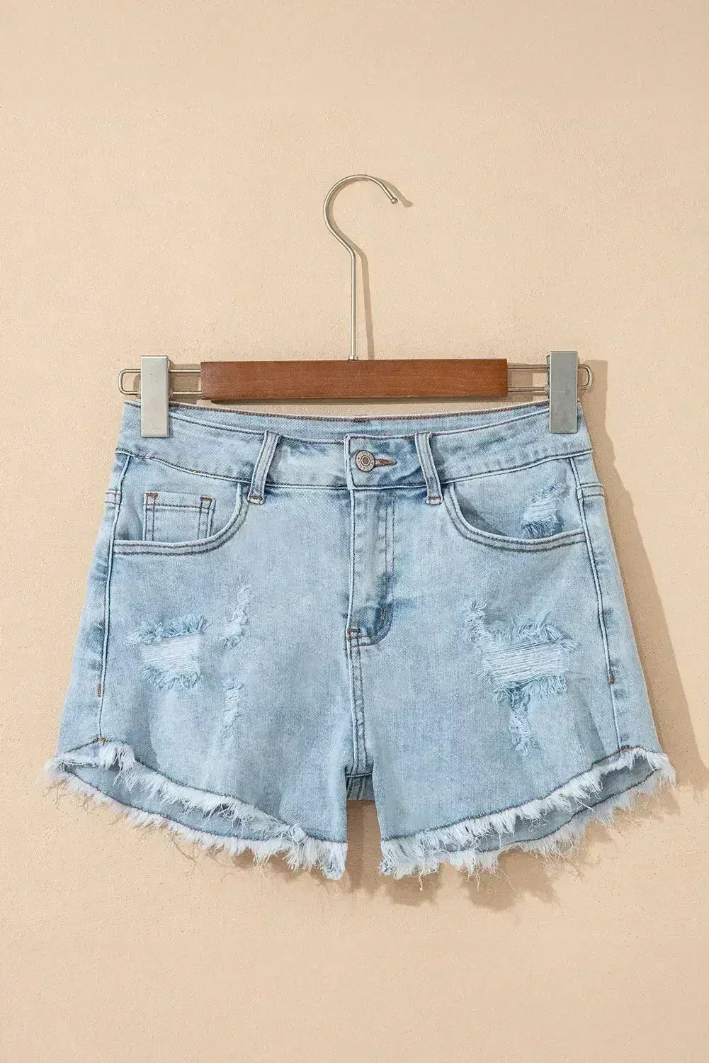 Beau Blue High Rise Distressed Raw Hem Denim Shorts - Femstylo