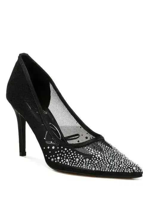 High Ball Mesh Rhinestone Stiletto Pumps - Femstylo