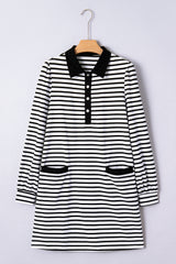 White Stripe Buttoned Front Collared Long Sleeve T Shirt Dress with Pockets