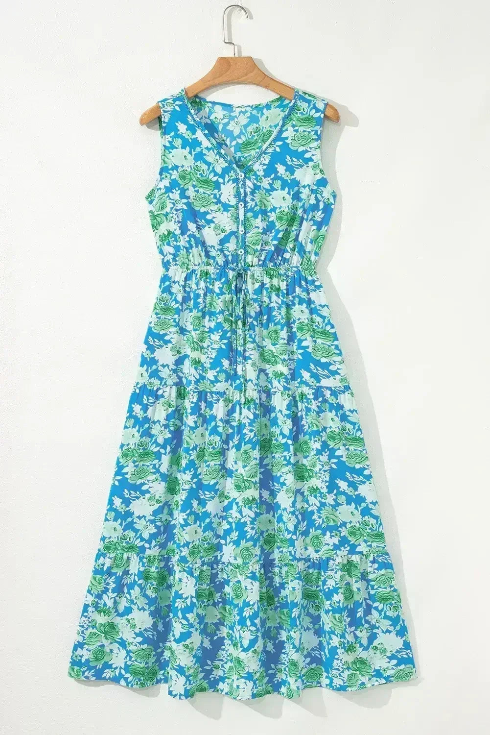 Green Floral Print Trimmed V Neck Sleeveless Vacation Dress - Femstylo