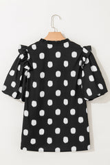 Black Polka Dot Print Smocked Notched Neck Balloon Sleeve Blouse