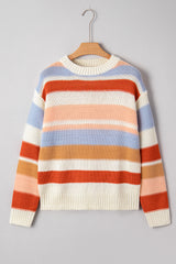 Pink Striped Colorblock Round Neck Drop Shoulder Sweater
