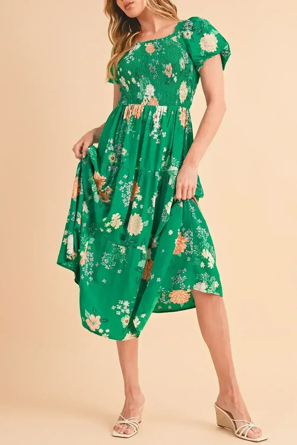 Green Floral Print Bubble Sleeve Smocked Tiered Midi Dress - Femstylo