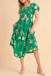Green Floral Print Bubble Sleeve Smocked Tiered Midi Dress - Femstylo