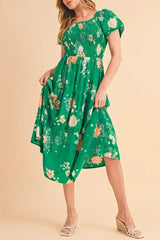 Green Floral Print Bubble Sleeve Smocked Tiered Midi Dress - Femstylo