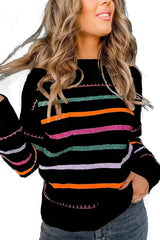 Black Colorful Striped Ribbed Trim Round Neck Sweater - Femstylo