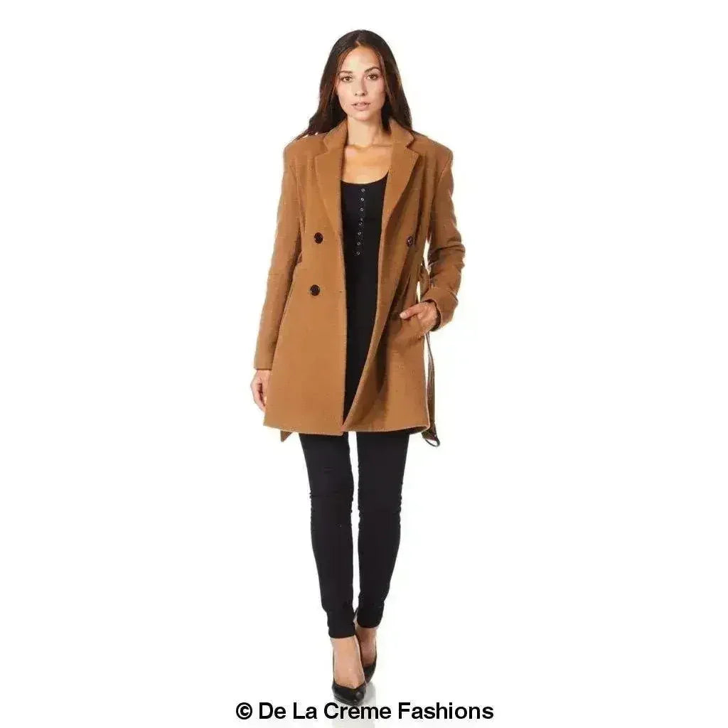 De La Creme - Womens Camel Textured Short Belted Coat - Femstylo