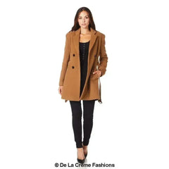 De La Creme - Womens Camel Textured Short Belted Coat - Femstylo