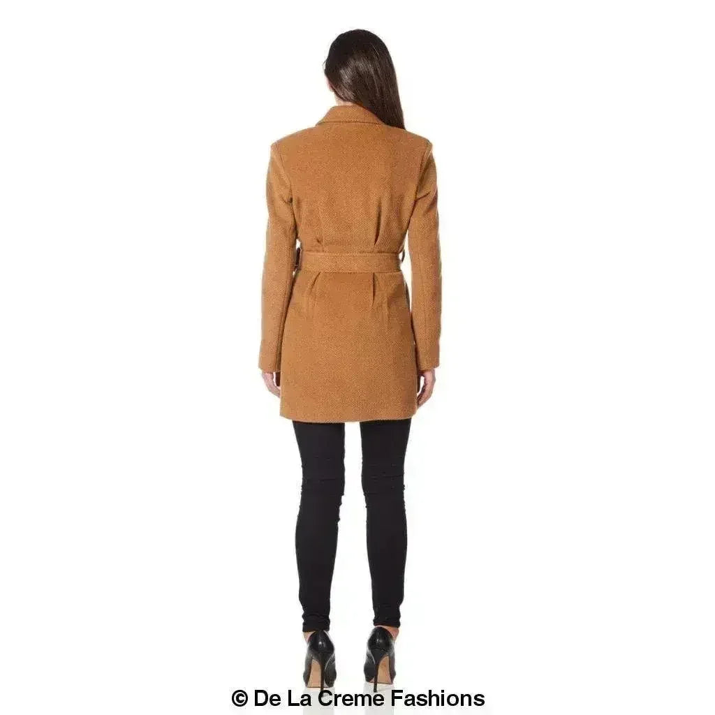 De La Creme - Womens Camel Textured Short Belted Coat - Femstylo
