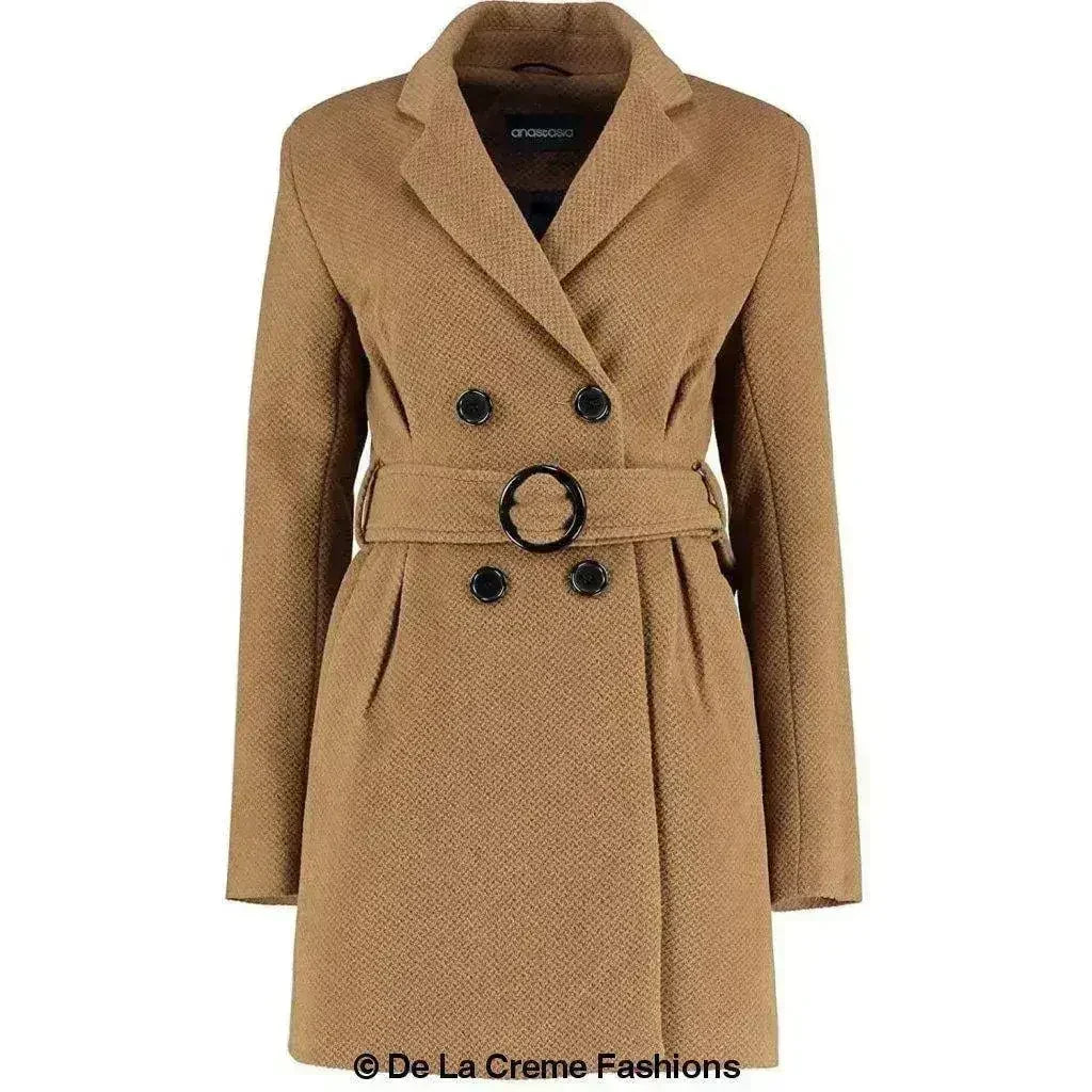 De La Creme - Womens Camel Textured Short Belted Coat - Femstylo