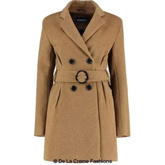 De La Creme - Womens Camel Textured Short Belted Coat - Femstylo